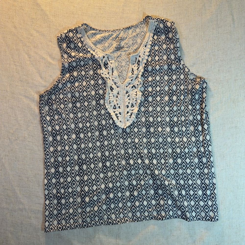 St. John's Bay Tank Top Diamond Ikat Crochet Blue Women's Size Large